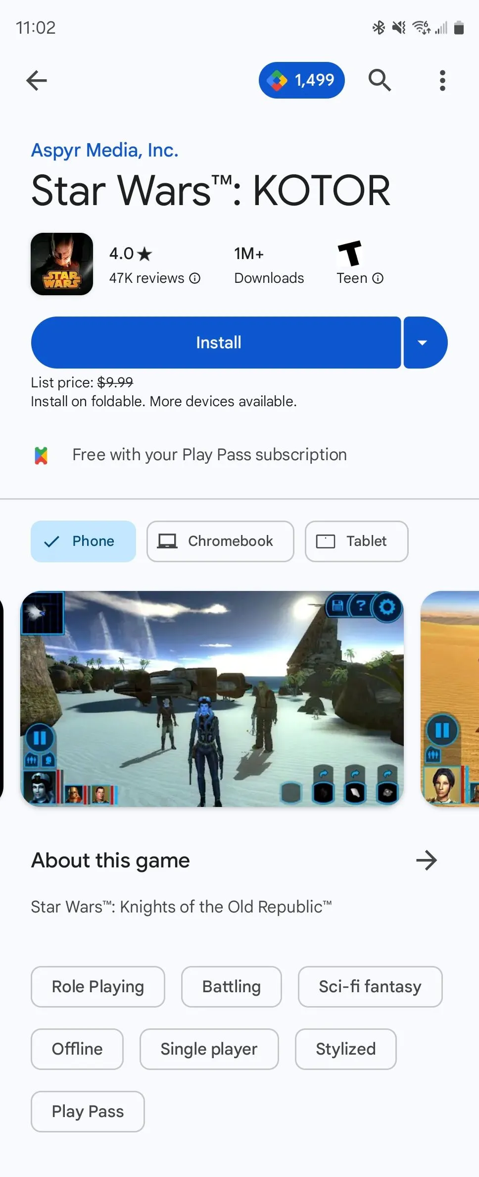 Star Wars Knights of the Old Republic (KOTOR) phiên bản di động trên Android.