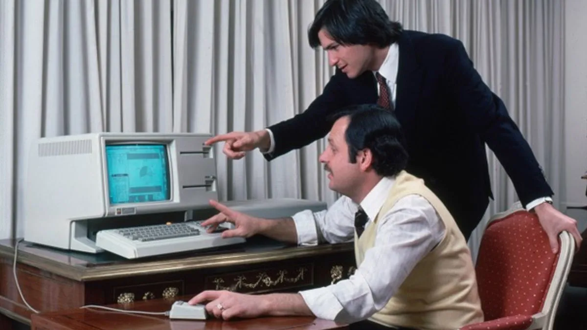 Steve Jobs và John Couch đứng trước máy tính Apple Lisa trên bàn làm việc, biểu tượng của giao diện đồ họa tiên phong.