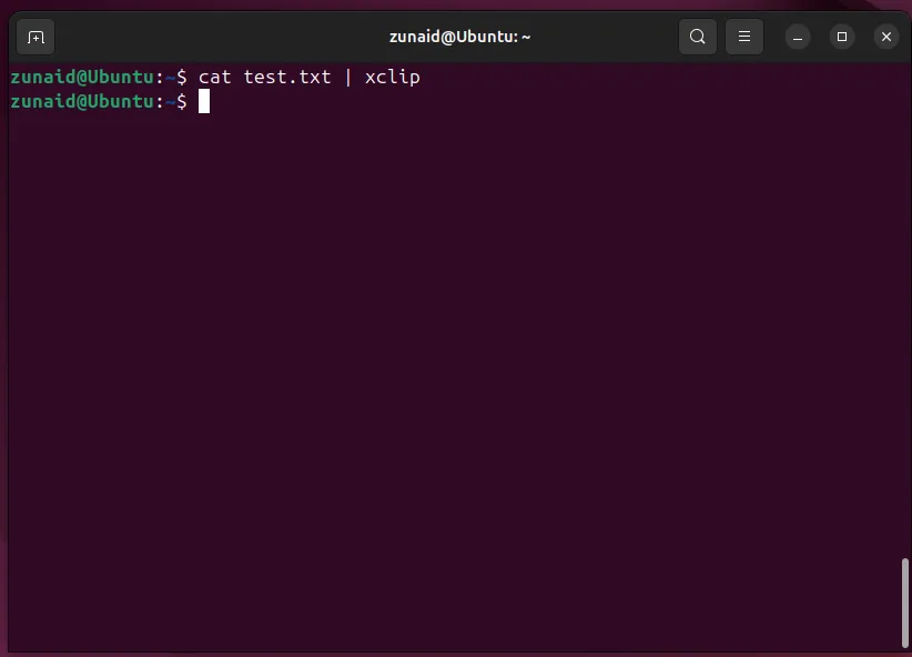 Sử dụng lệnh cat kết hợp pipe với xclip để sao chép nội dung file test.txt vào clipboard Linux.