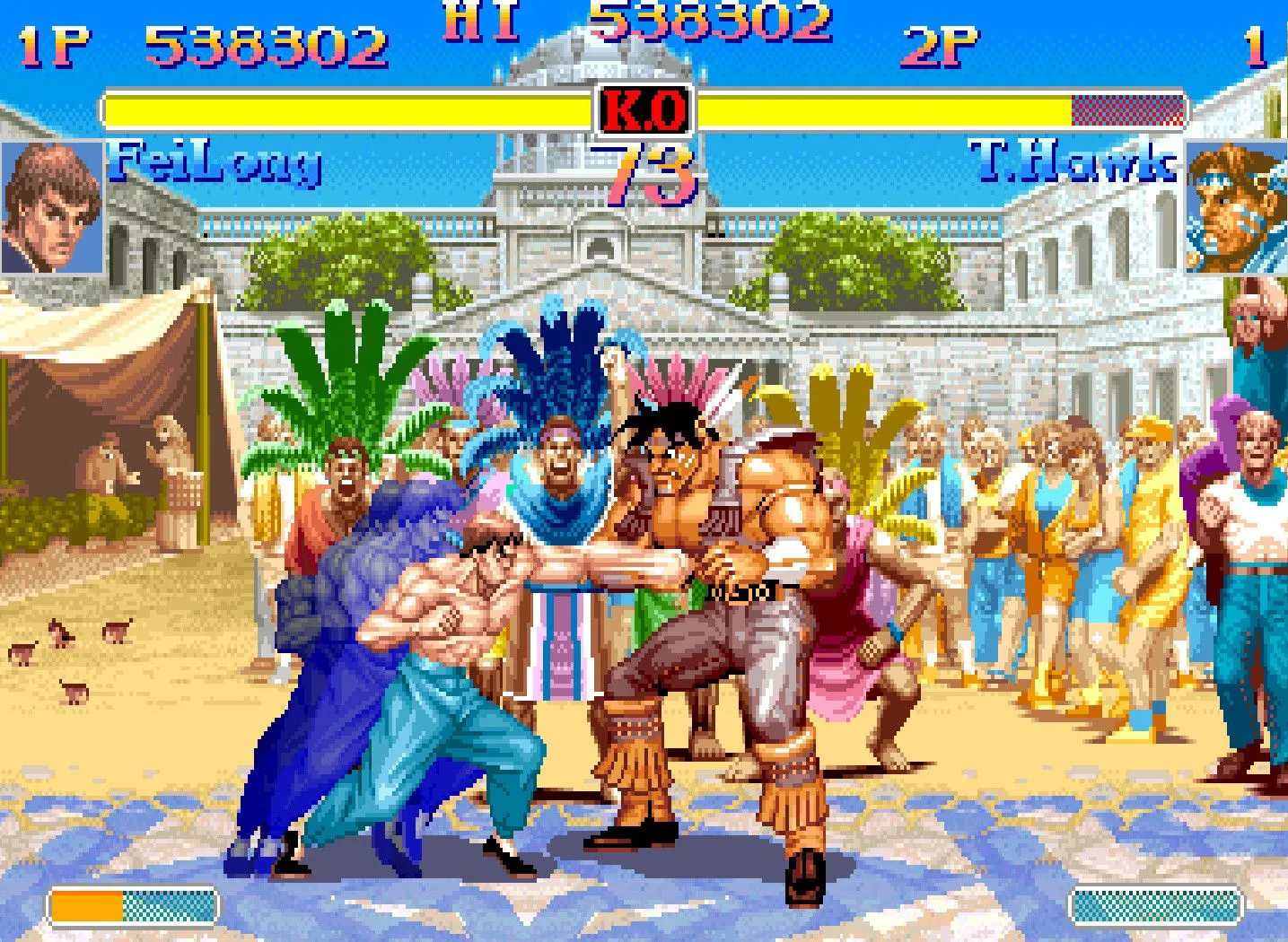 Super Street Fighter 2 Turbo match between Fei Long and T. Hawk