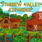 Tác phẩm nghệ thuật chủ đạo của Stardew Valley Expanded với nhiều chuồng trại, chó, lạc đà, gấu và đàn ngỗng, thể hiện sự đa dạng của nội dung mod.