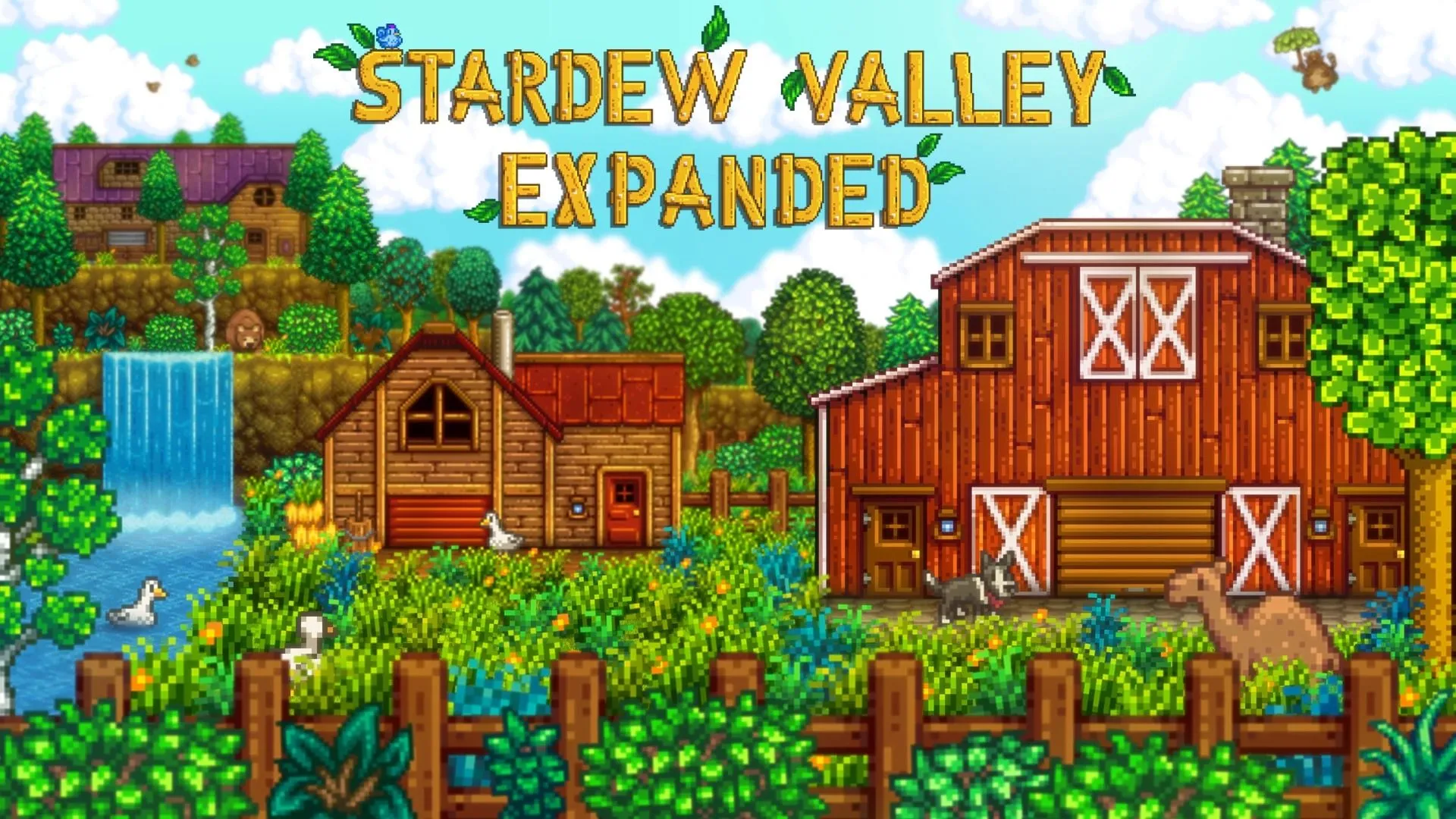 Tác phẩm nghệ thuật chủ đạo của Stardew Valley Expanded với nhiều chuồng trại, chó, lạc đà, gấu và đàn ngỗng, thể hiện sự đa dạng của nội dung mod.