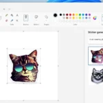 Tạo sticker AI trong Windows Paint với tùy chọn "Mèo đeo kính râm" và bốn kết quả khác nhau