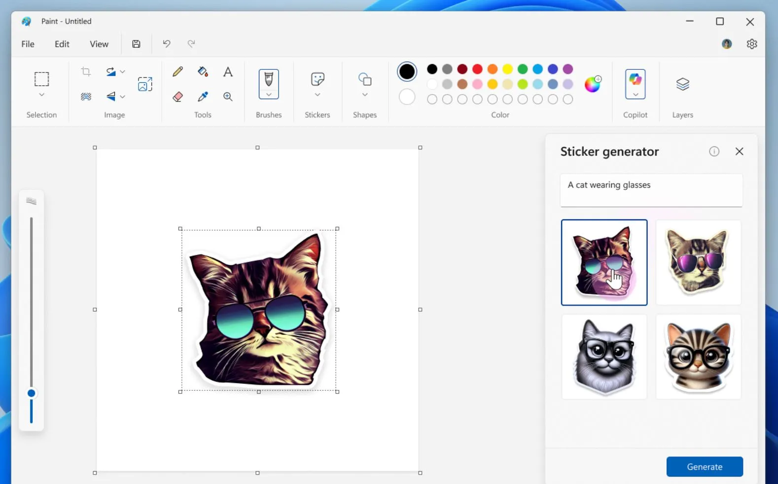 Tạo sticker AI trong Windows Paint với tùy chọn "Mèo đeo kính râm" và bốn kết quả khác nhau