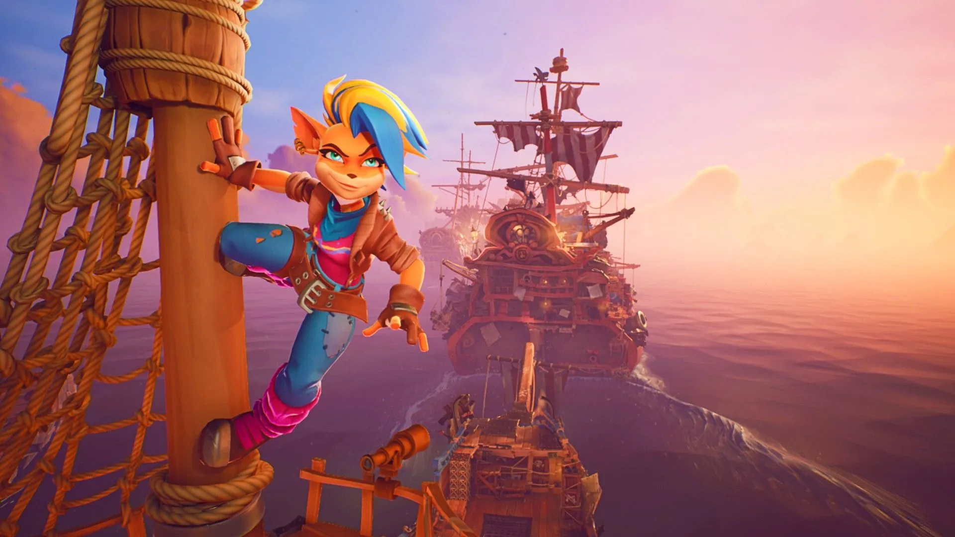 Tawna từ game Crash Bandicoot đang đứng trên một con tàu, nhìn ra biển.