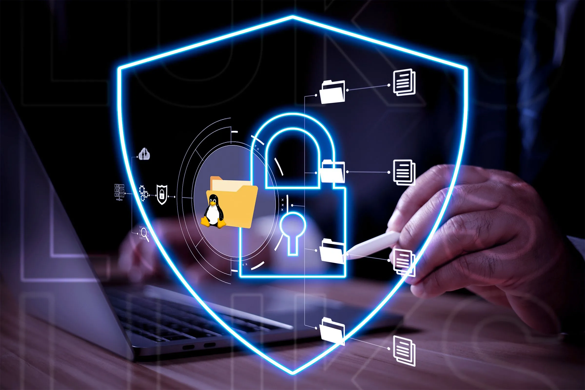 Tệp tài liệu Linux được mã hóa và lá chắn bảo vệ có ổ khóa thể hiện nguyên lý mật mã học.