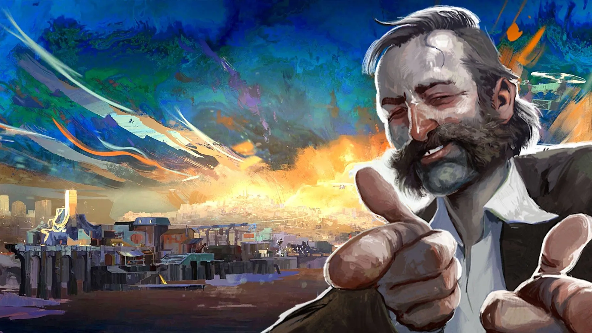 Thám tử Harry Du Bois, nhân vật chính của Disco Elysium, đứng trong khung cảnh u ám, phản ánh không khí game nhập vai triết học.