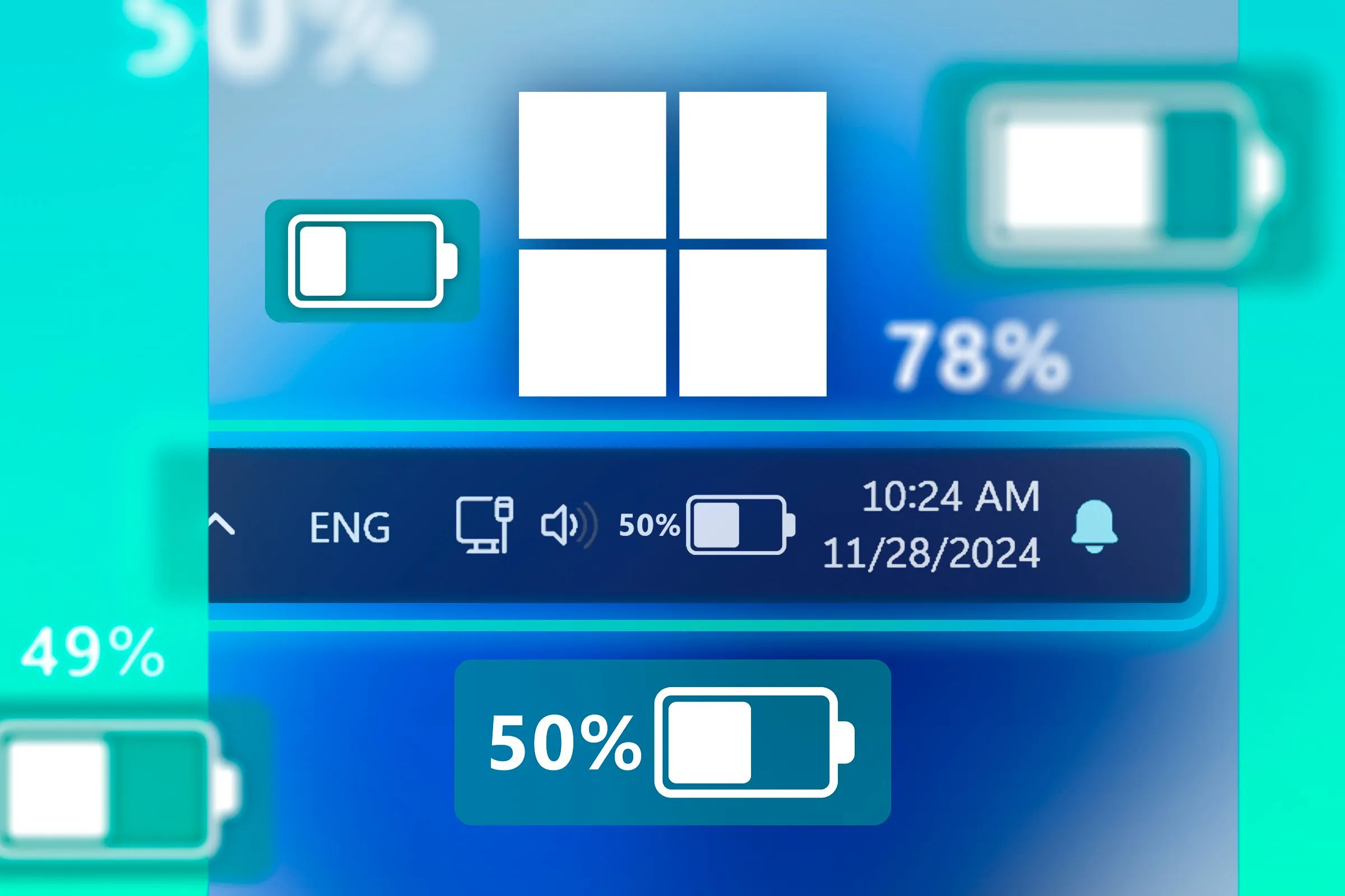 Thanh tác vụ Windows hiển thị biểu tượng pin và phần trăm pin, cùng với logo Windows và một số biểu tượng pin khác, minh họa mức tiêu thụ năng lượng