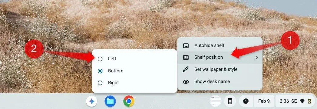 Thao tác thay đổi vị trí thanh Shelf trên Chromebook sang bên trái.