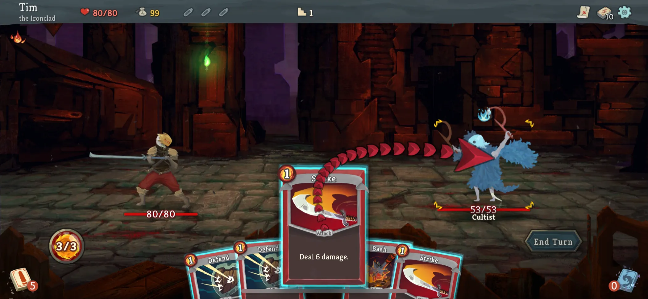 Thẻ bài sát thương đang được sử dụng trong game Slay the Spire+ trên Apple Arcade