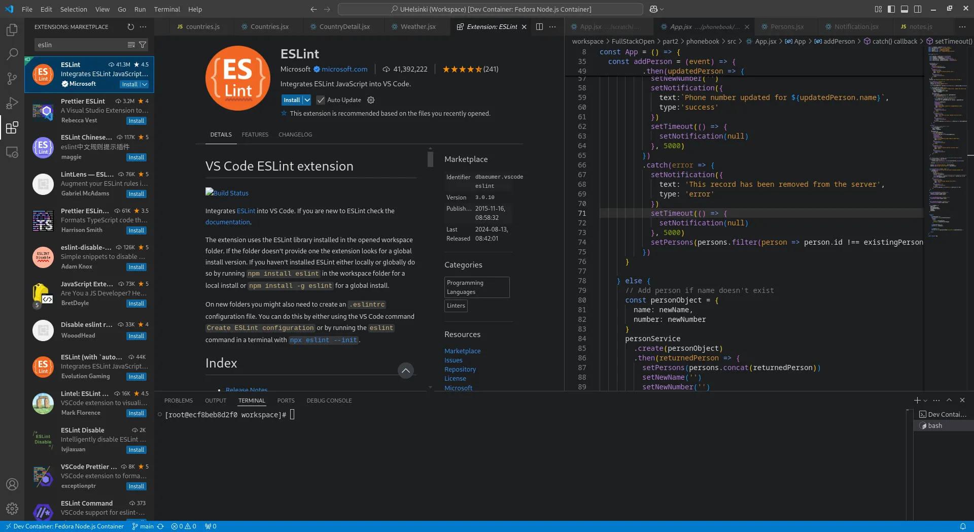 Thẻ mô tả ESLint trong cửa hàng tiện ích của VS Code, một công cụ phân tích mã nguồn để phát hiện lỗi và thực thi quy tắc viết code JavaScript.