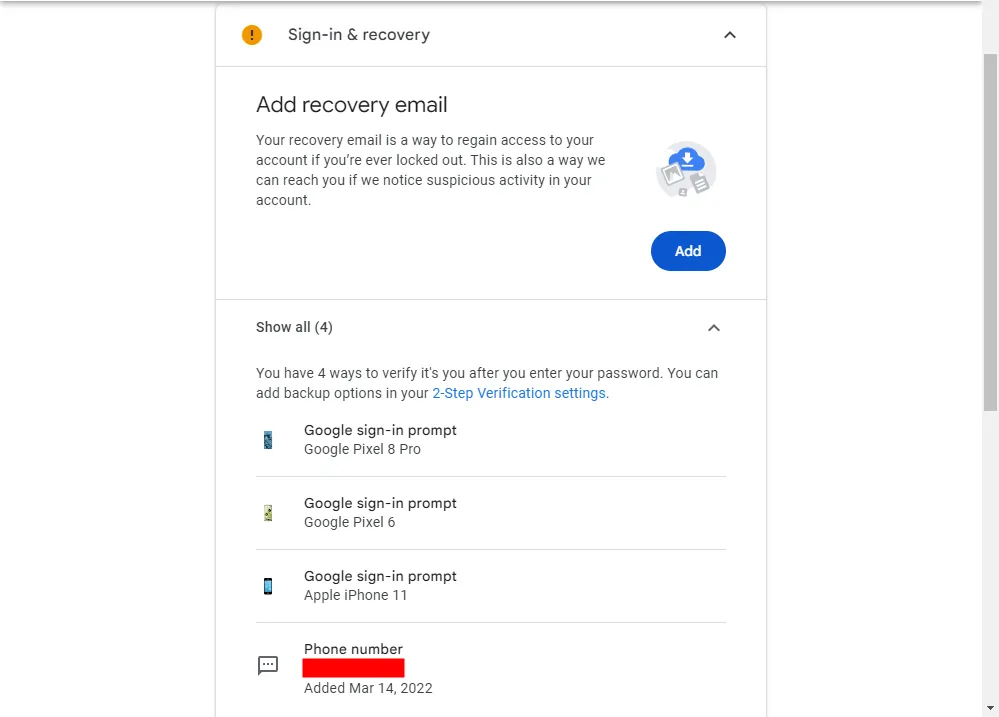 Thêm email và số điện thoại khôi phục cho tài khoản Google.