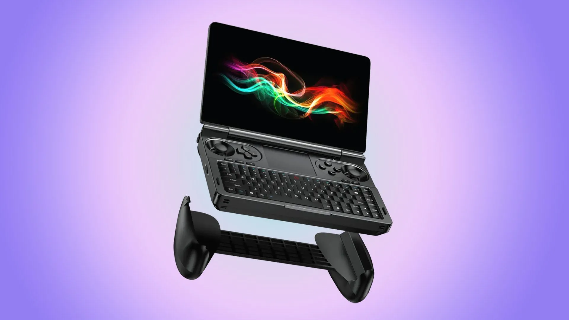 Thiết bị chơi game cầm tay kiêm laptop lai GPD Win Mini 2025 màu đen, hiển thị màn hình và bàn phím tích hợp, đặt trên một bề mặt phẳng.
