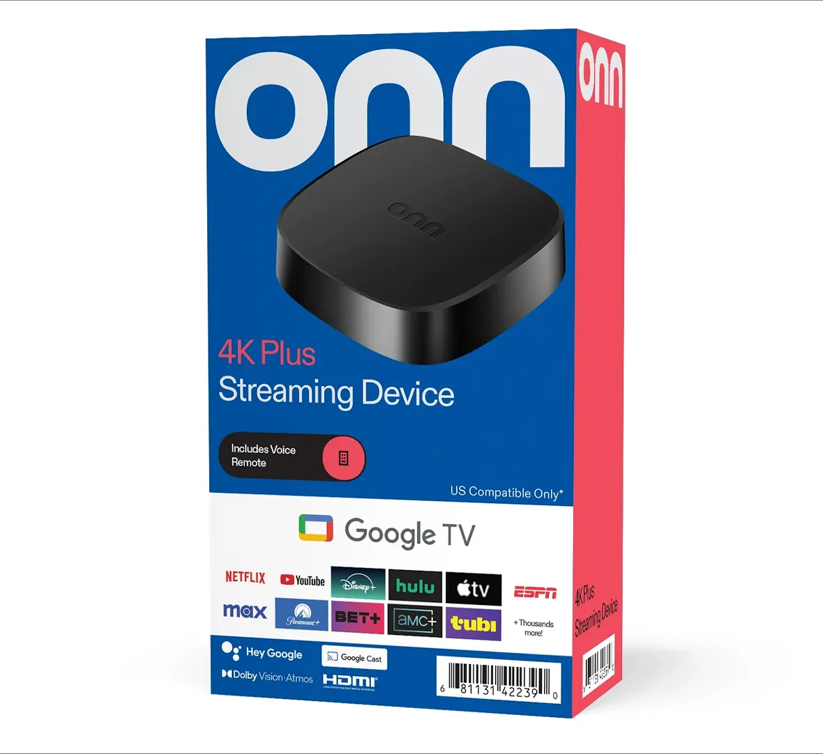 Thiết bị stream Google TV Onn 4K Plus của Walmart cùng remote điều khiển giọng nói