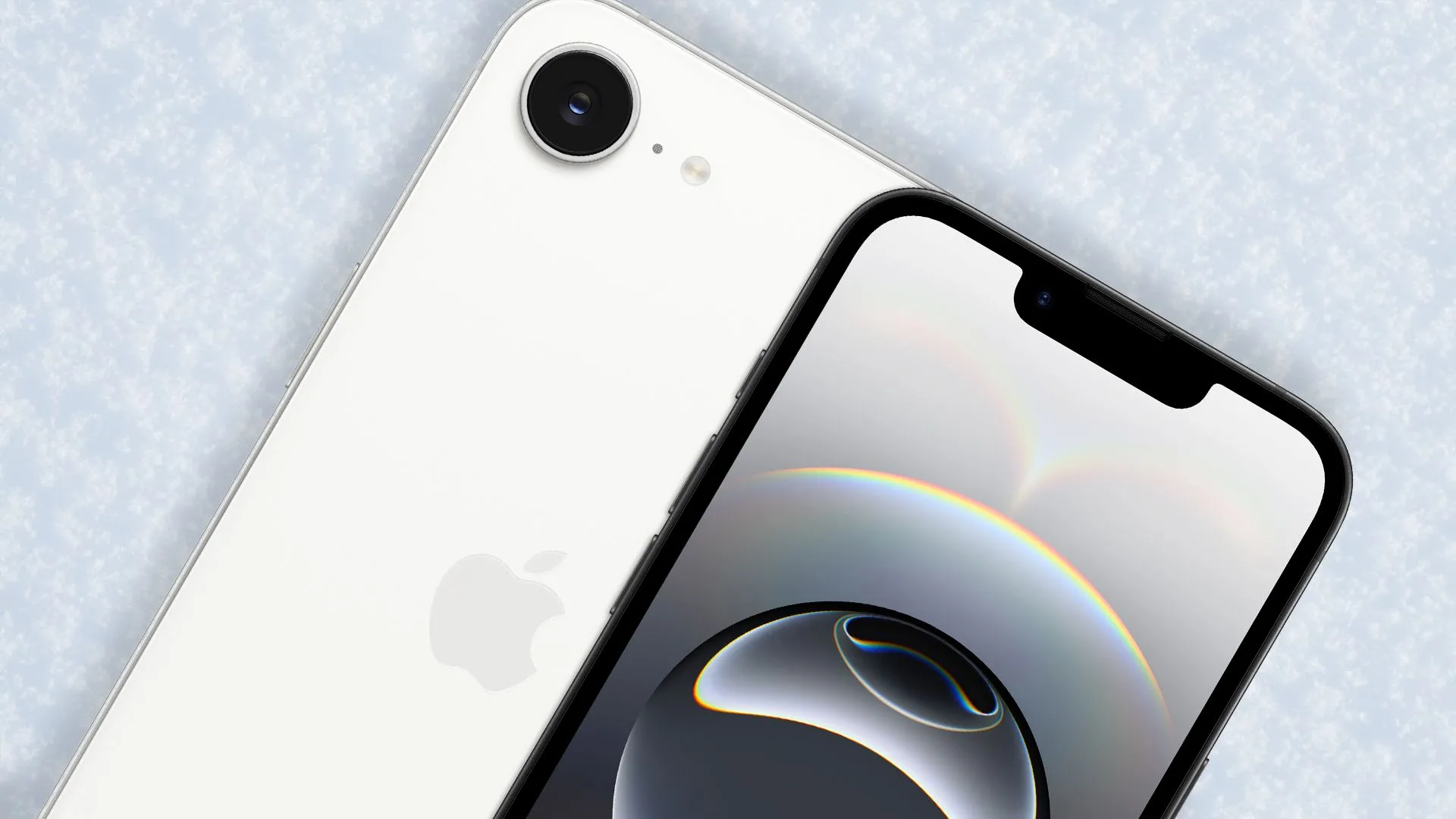 Thiết kế iPhone 16e với màn hình tai thỏ cổ điển trên nền tuyết trắng