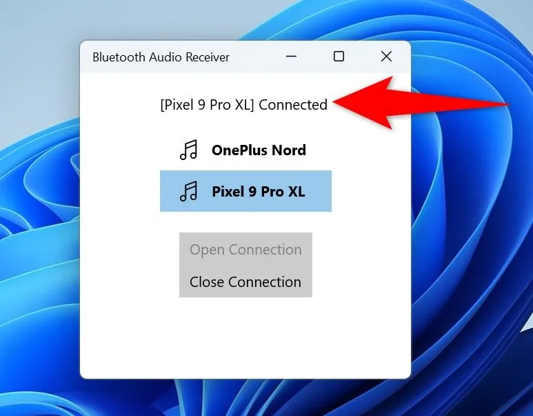 Thông báo &quot;Đã kết nối&quot; trong ứng dụng Bluetooth Audio Receiver, cho thấy PC sẵn sàng hoạt động như loa Bluetooth