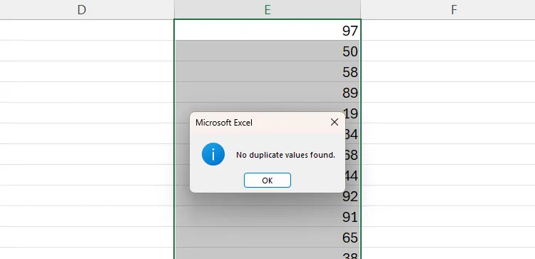 Thông báo Excel xác nhận không có giá trị trùng lặp trong phạm vi đã chọn