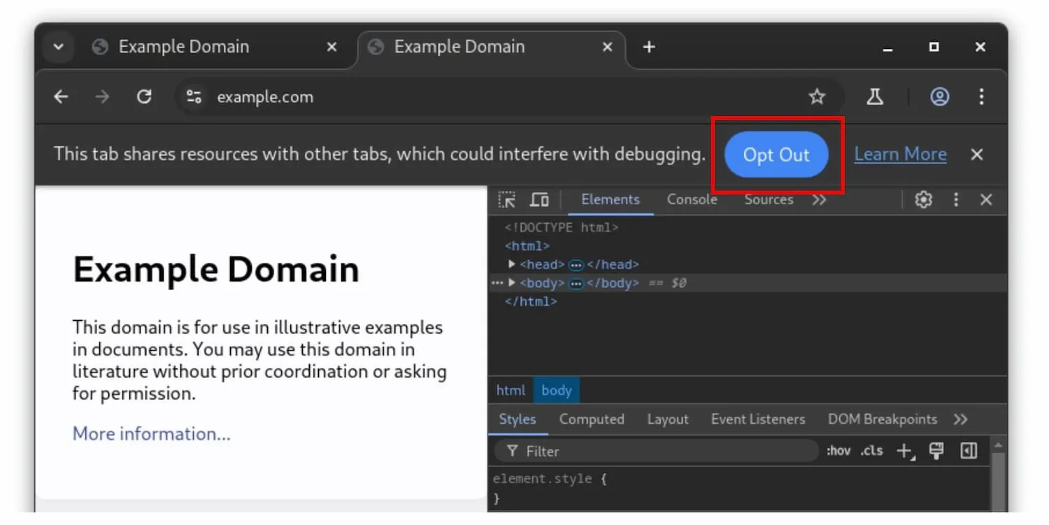 Thông báo tùy chọn tắt tính năng chia sẻ tiến trình trong Google Chrome khi DevTools đang mở