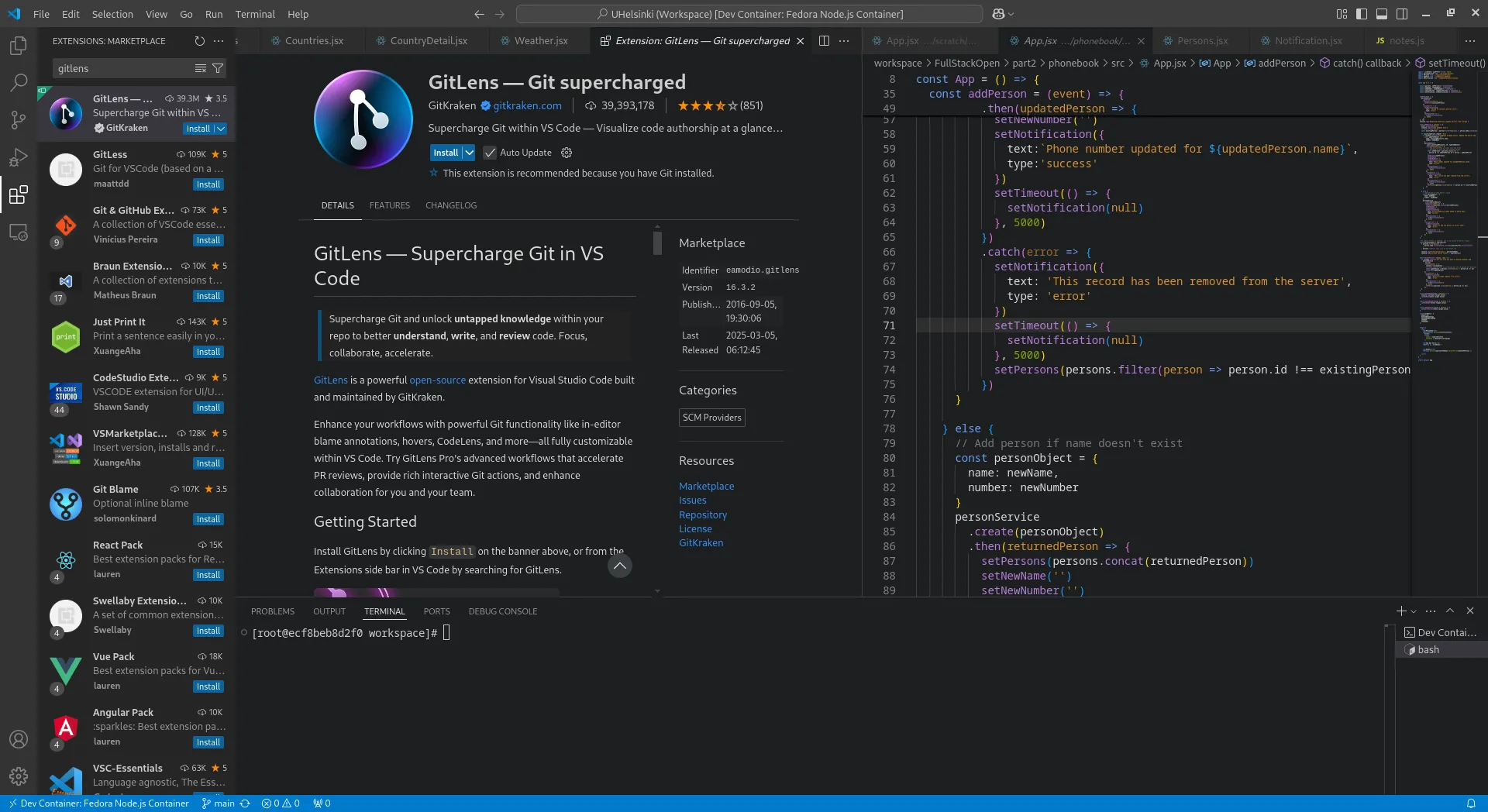 Thông tin chi tiết về tiện ích GitLens trên VS Code, cung cấp cái nhìn sâu sắc về lịch sử Git và thông tin tác giả của từng dòng code.