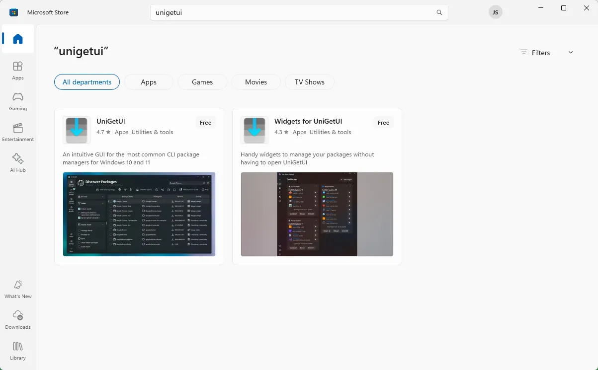 Tìm kiếm ứng dụng UniGetUI trong cửa hàng Microsoft Store trên Windows để cài đặt.