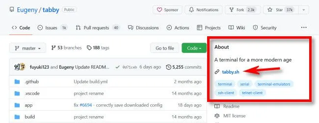 Tìm liên kết đến trang web của nhà phát triển hoặc dự án trong mục About của GitHub