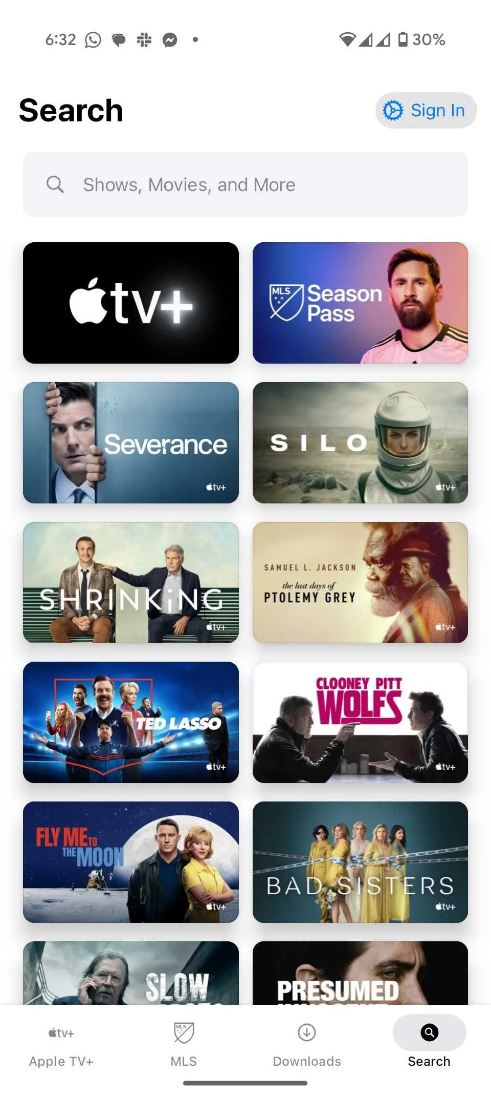 Tính năng tìm kiếm và khám phá nội dung trong ứng dụng Apple TV+ trên giao diện Android, với các gợi ý chương trình
