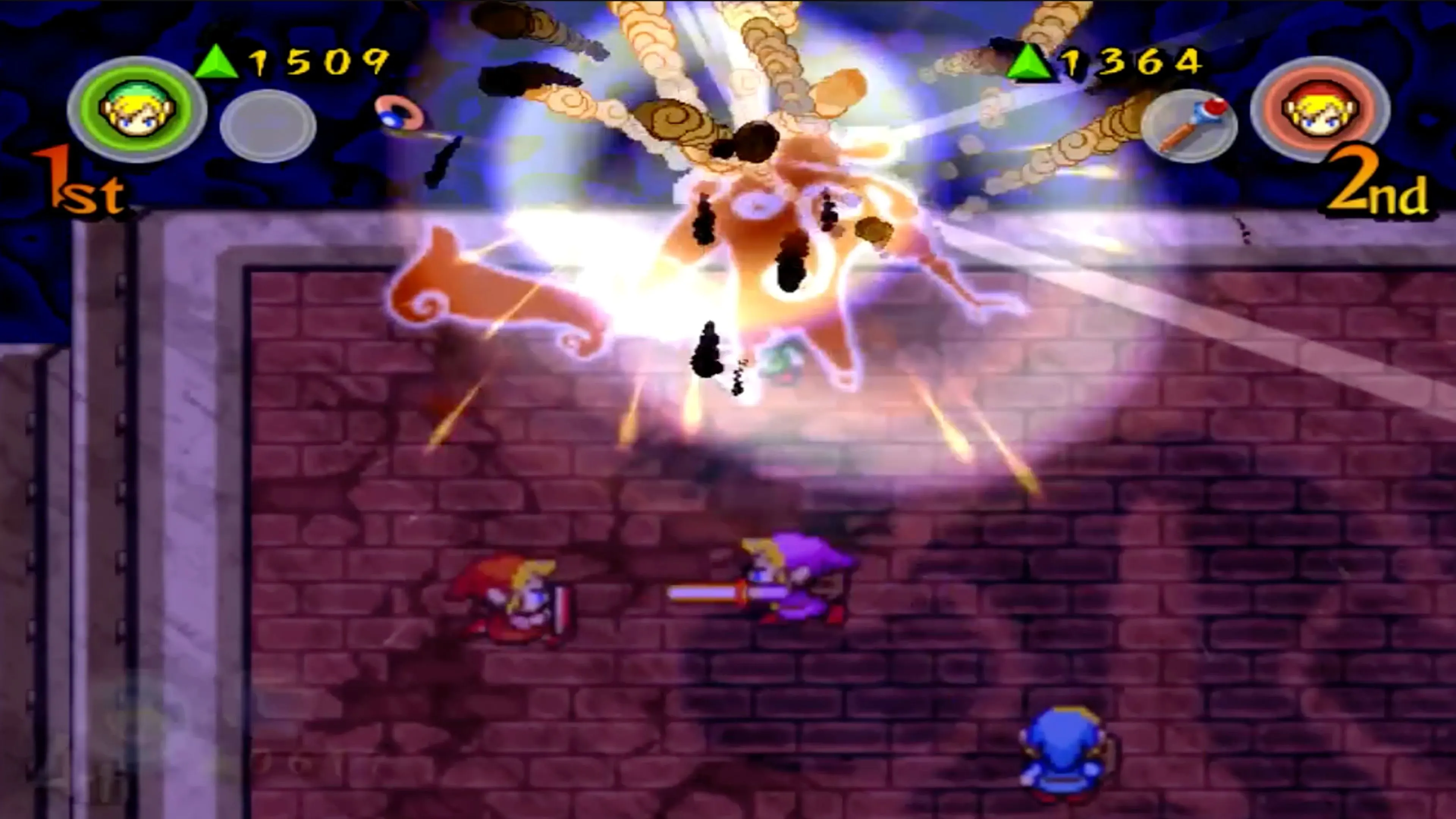 Toàn cảnh trận chiến bốn người chơi trong The Legend of Zelda: Four Swords Adventures.