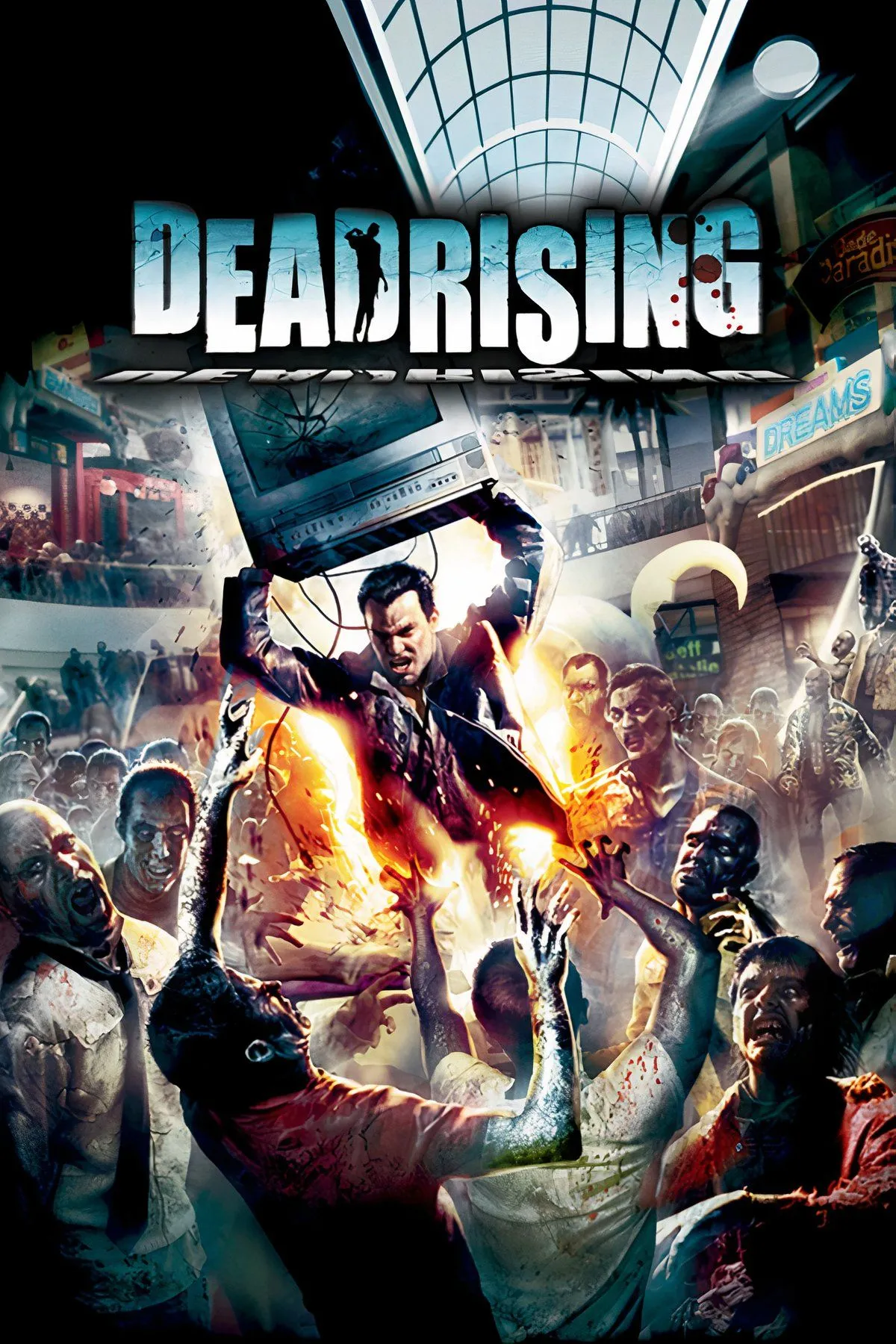 Tổng hợp các cảnh quay trong game Dead Rising, cho thấy nhân vật đang đối phó với zombie trong trung tâm thương mại.