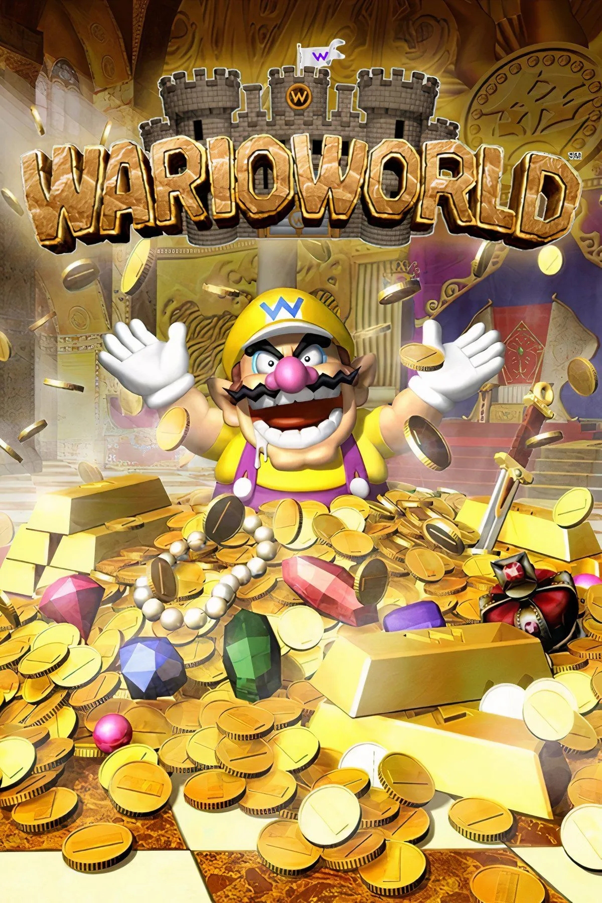 Tổng hợp các màn chơi và hành động trong Wario World, minh họa lối chơi platformer 3D.