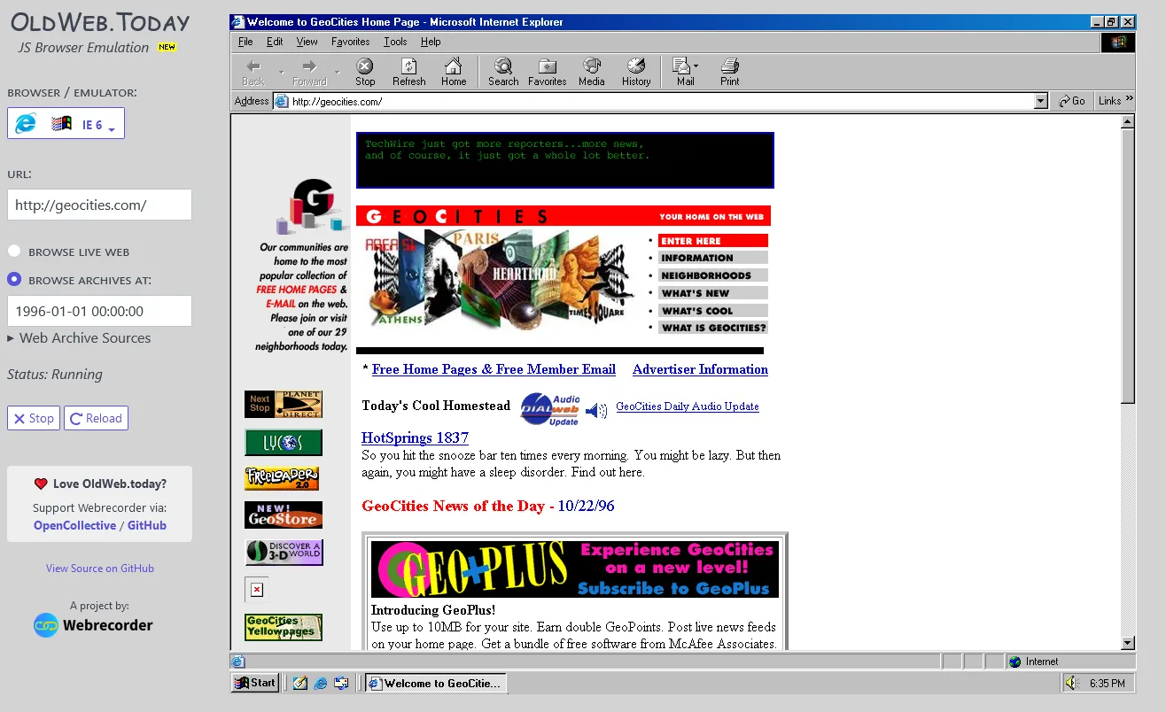 Trải nghiệm xem trang GeoCities cũ trên OldWeb.Today, thể hiện giao diện web hoài niệm.