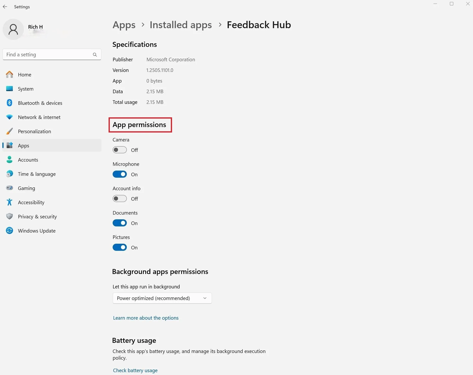 Trang cài đặt Feedback Hub trong Windows 11, hiển thị danh sách quyền