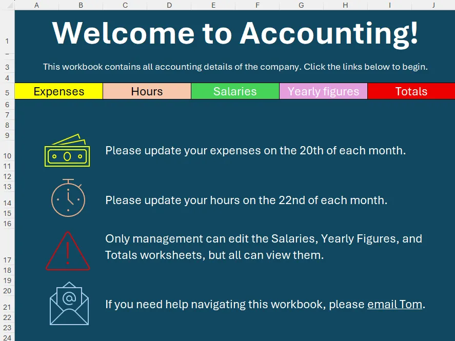 Trang chủ mẫu trong bảng tính Excel với tiêu đề, mô tả và các liên kết điều hướng.