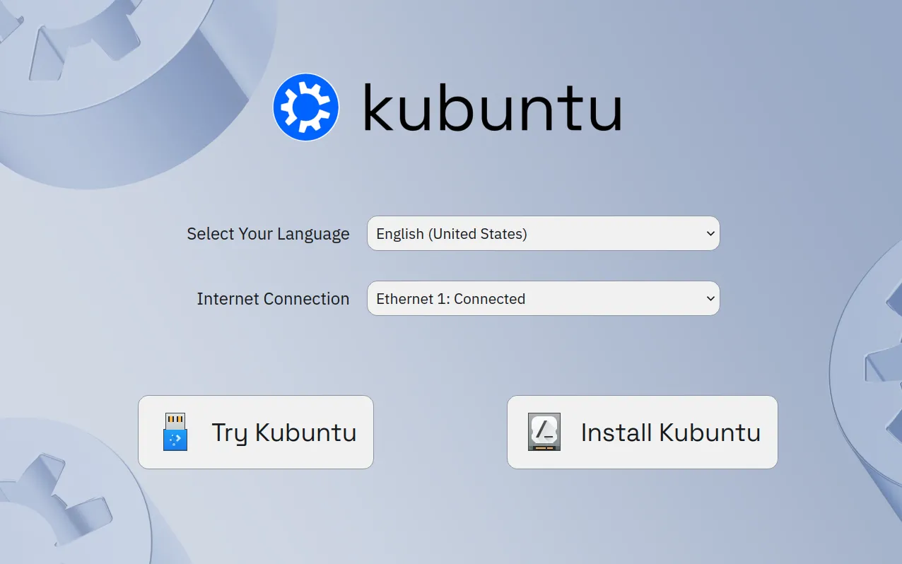 Trang khởi động trực tiếp Kubuntu với các tùy chọn để thử hoặc cài đặt Kubuntu