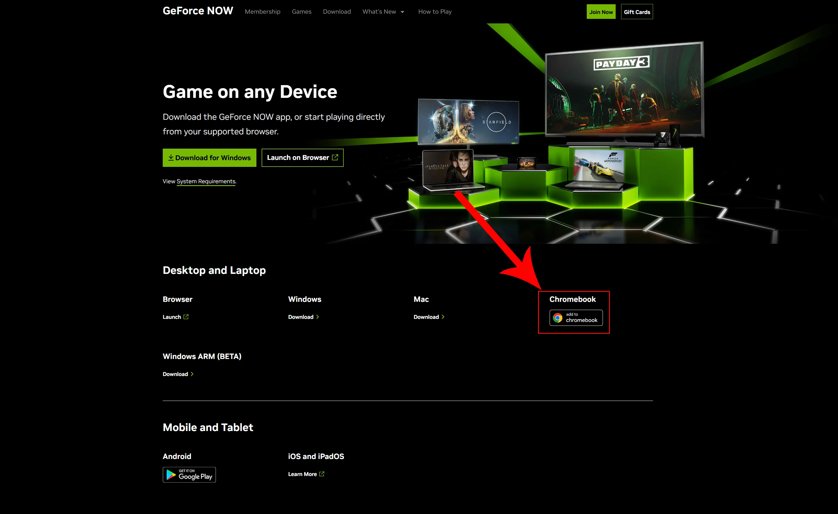 Trang web NVIDIA GeForce NOW với mũi tên chỉ vào nút &quot;Add to Chromebook&quot;.