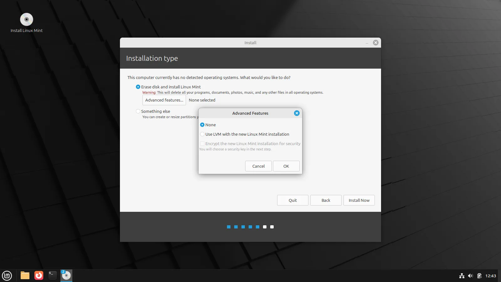 Trình cài đặt Linux Mint hiển thị tùy chọn kiểu cài đặt và các tùy chọn nâng cao cho việc phân vùng ổ đĩa.