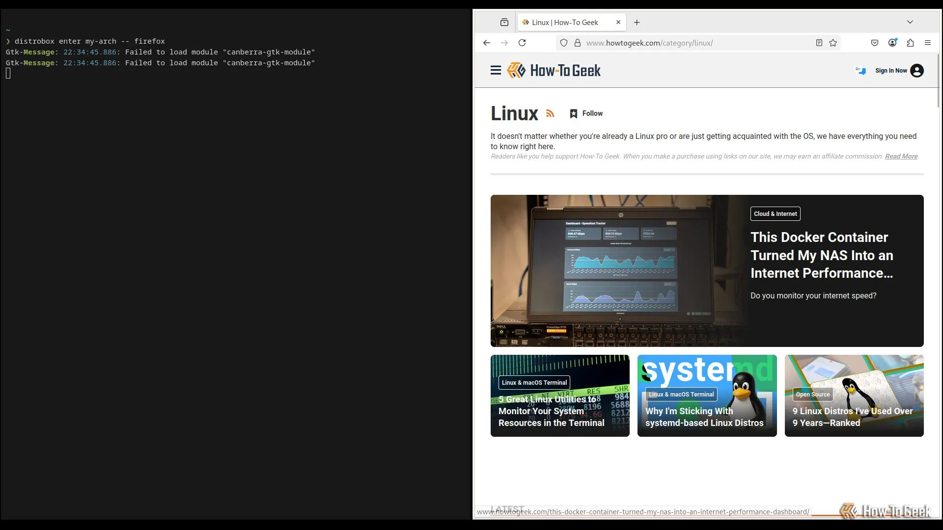 Trình duyệt Firefox đang chạy bên cạnh cửa sổ terminal Linux với lệnh khởi chạy Firefox trong Distrobox container.