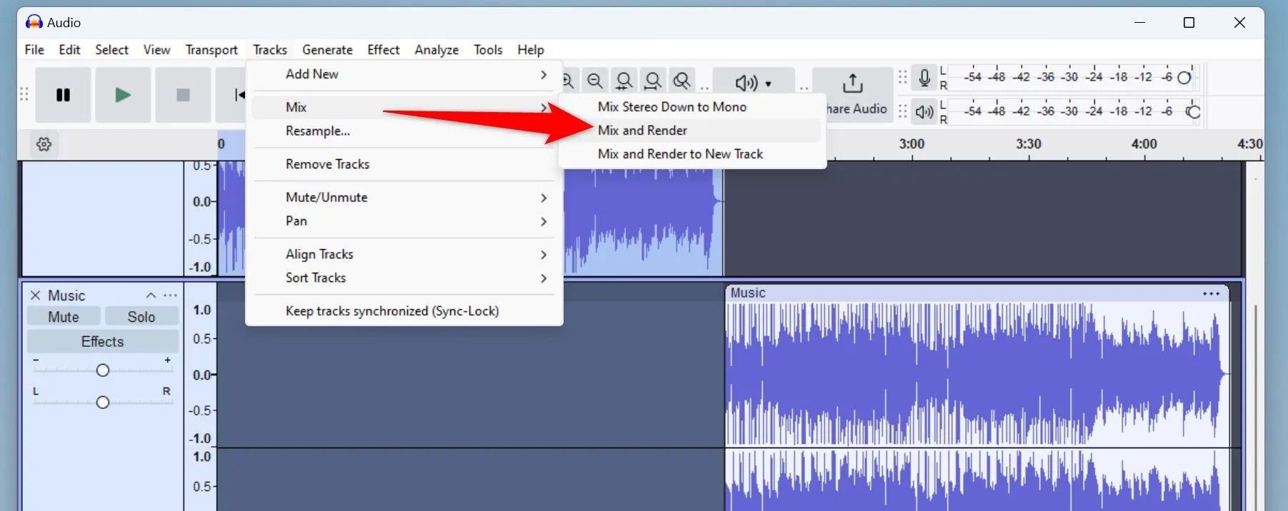 Trộn và kết xuất các track âm thanh đã sắp xếp trong Audacity
