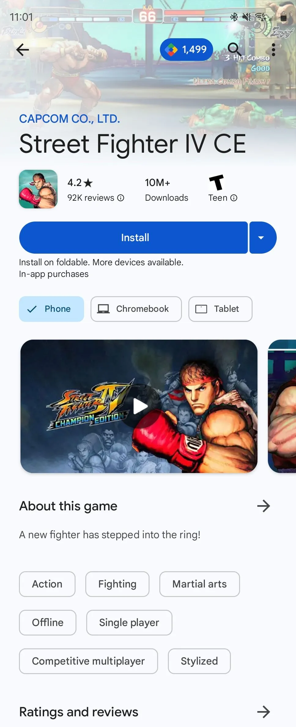 Tựa game đối kháng kinh điển Street Fighter IV trên Play Store Android.