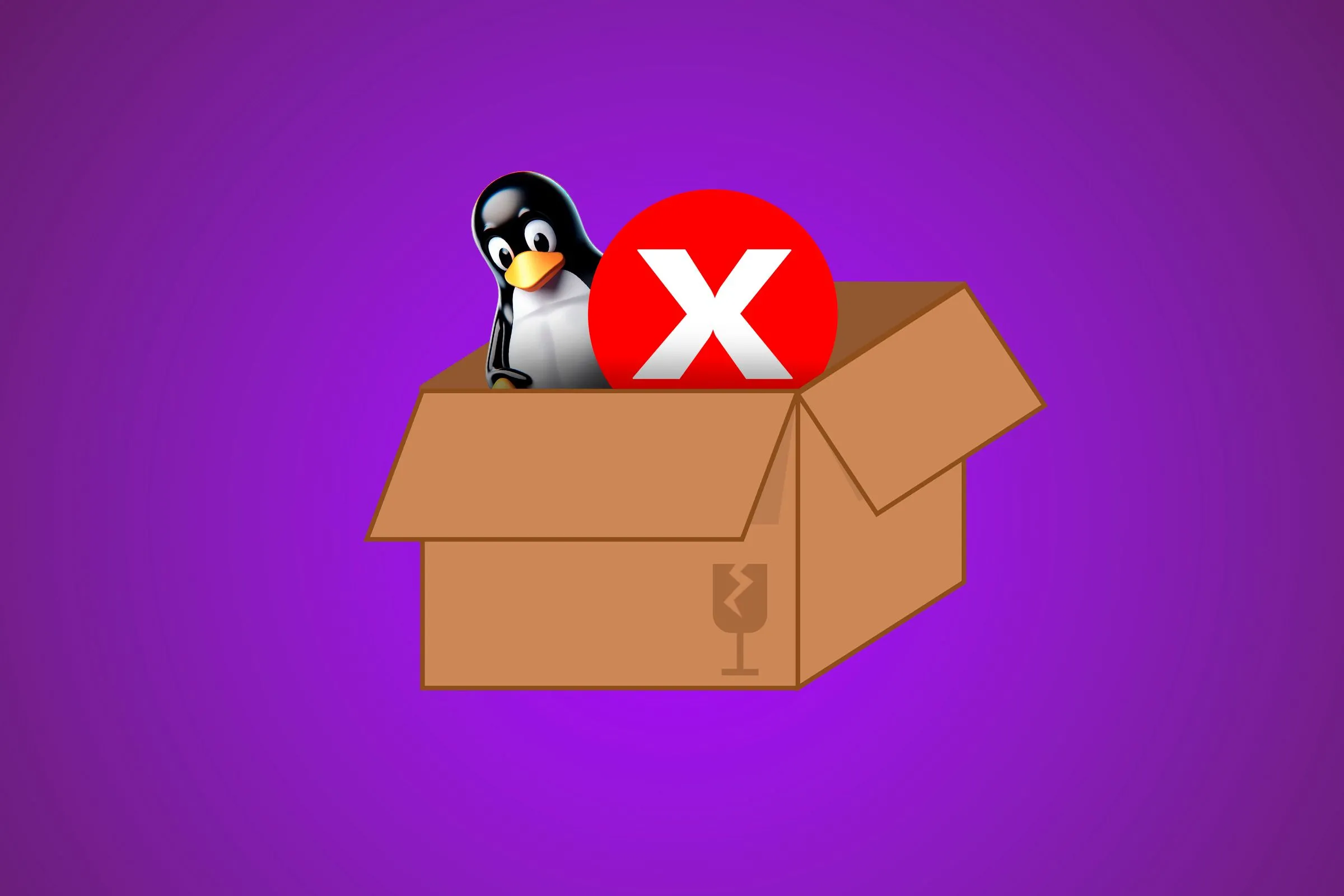 Tux Linux trong hộp, biểu tượng kính vỡ và lỗi, minh họa giảm rác thải điện tử khi sử dụng Linux.