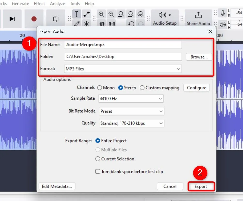Tùy chỉnh các tùy chọn xuất file âm thanh và định dạng MP3 trong Audacity