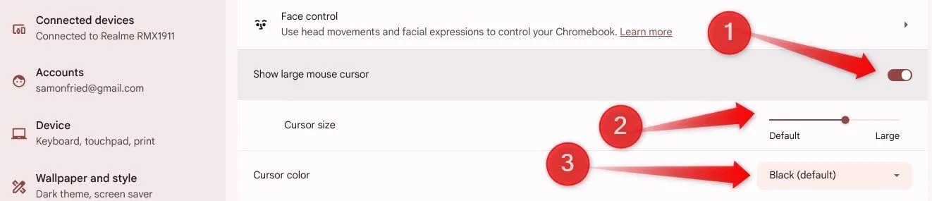 Tùy chỉnh kích thước và màu sắc con trỏ chuột trong cài đặt ChromeOS.
