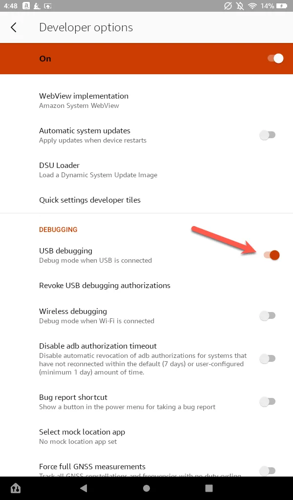 Tùy chọn Bật ADB trong Developer Options của Amazon Fire Tablet đời cũ