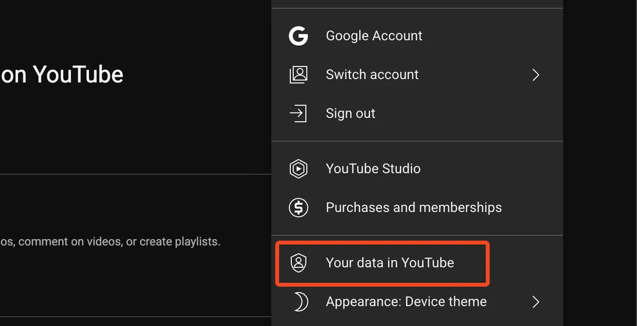 Tùy chọn "Dữ liệu của bạn trong YouTube" để quản lý hoạt động và lịch sử xem.