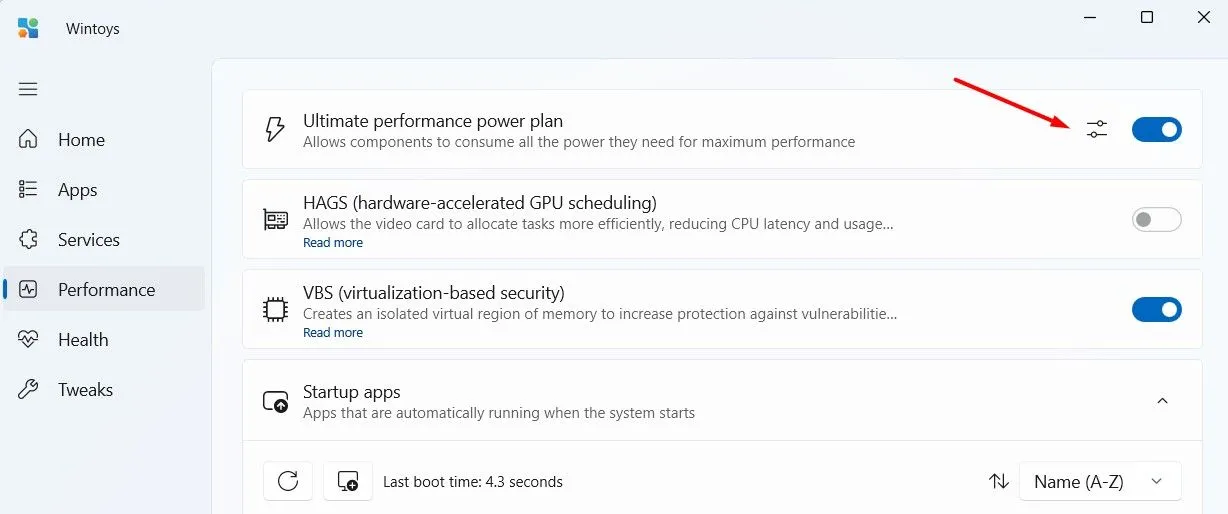 Tùy chọn gói điện năng Ultimate performance trong ứng dụng Wintoys