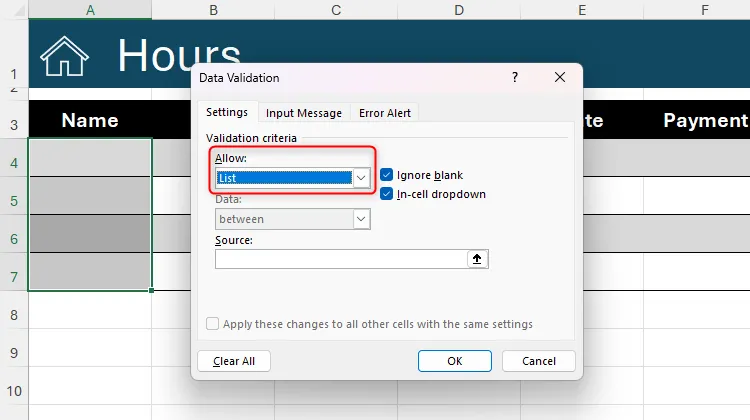 Tùy chọn &quot;List&quot; được chọn trong trường &quot;Allow&quot; của hộp thoại Data Validation trong Excel để tạo danh sách thả xuống.