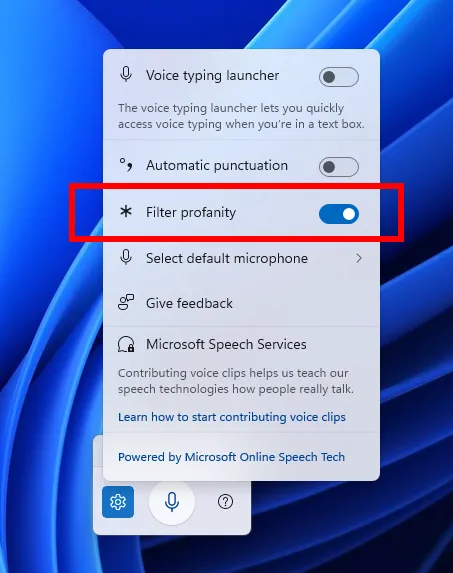 Tùy chọn &quot;Lọc từ ngữ tục tĩu&quot; (Filter Profanity) trong cài đặt Voice Typing của Windows 11 Insider Preview Build 26120.3941.
