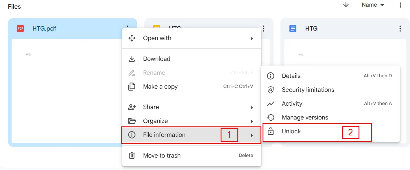 Tùy chọn &quot;Mở khóa&quot; trong menu &quot;Thông tin tệp&quot; để bỏ khóa file trên Google Drive