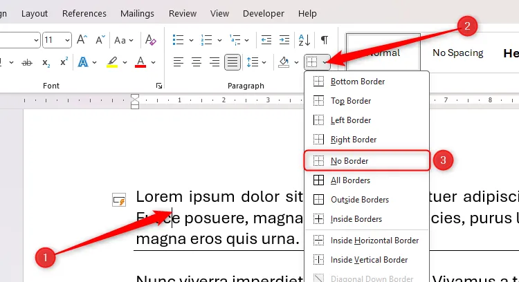 Tùy chọn &quot;No Border&quot; trong menu thả xuống &quot;Borders&quot; của Microsoft Word, dùng để xóa đường kẻ ngang hoặc viền đã thêm trực tiếp vào văn bản.