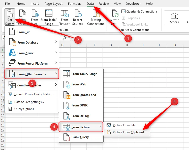 Tùy chọn Picture From Clipboard trong menu Get Data của Excel để nhập dữ liệu từ ảnh chụp