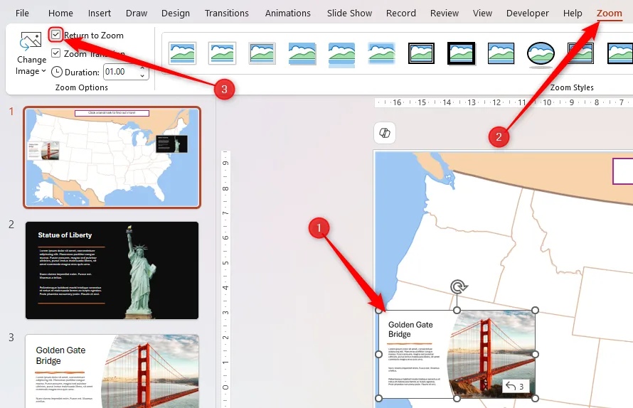 Tùy chọn Return To Zoom được chọn trong tab Zoom của PowerPoint, cho phép quay lại slide tổng quan.